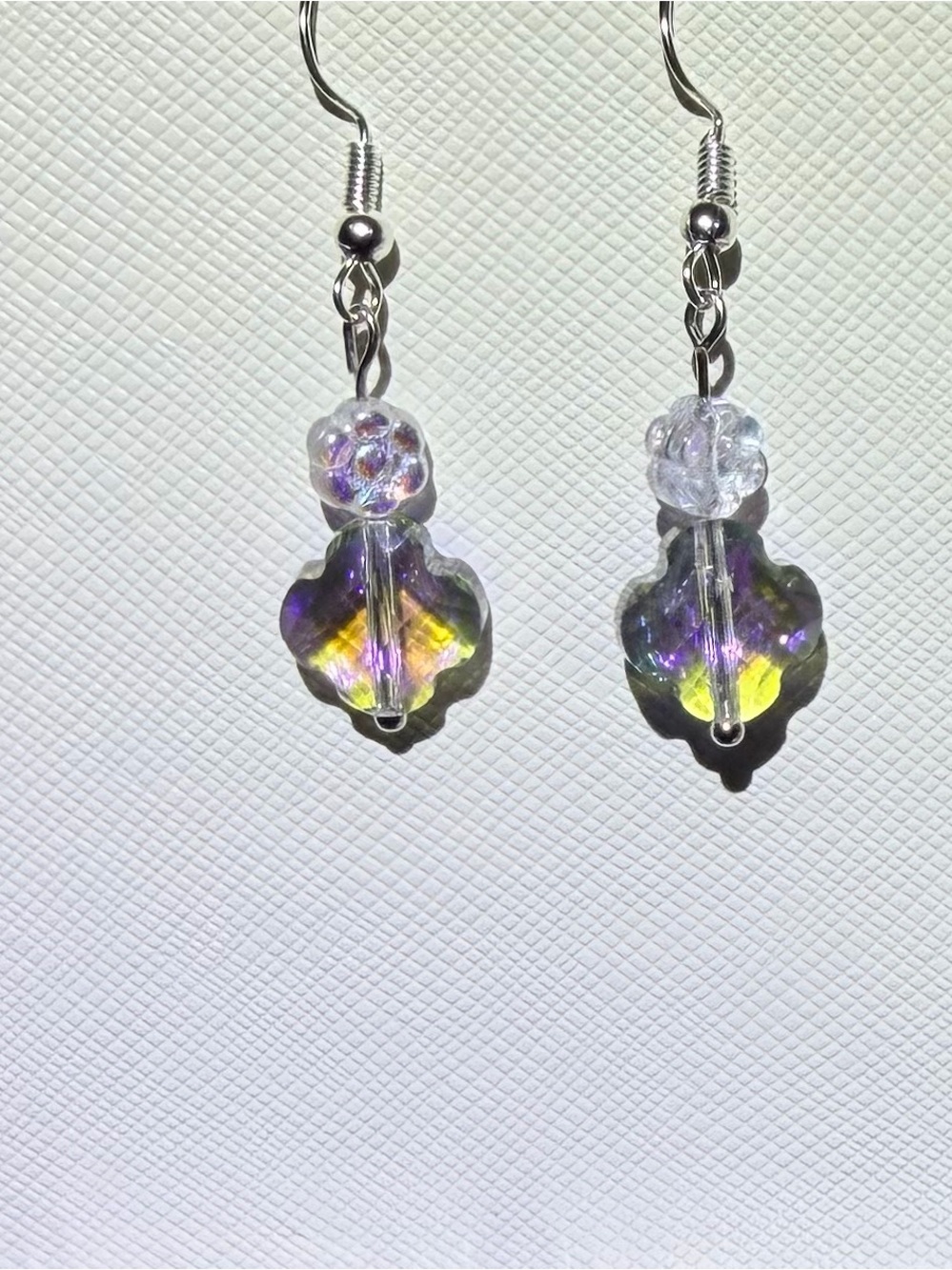 ✨Handmade✨Silver Iridescent Purple & Yellow Glass Drop Earrings